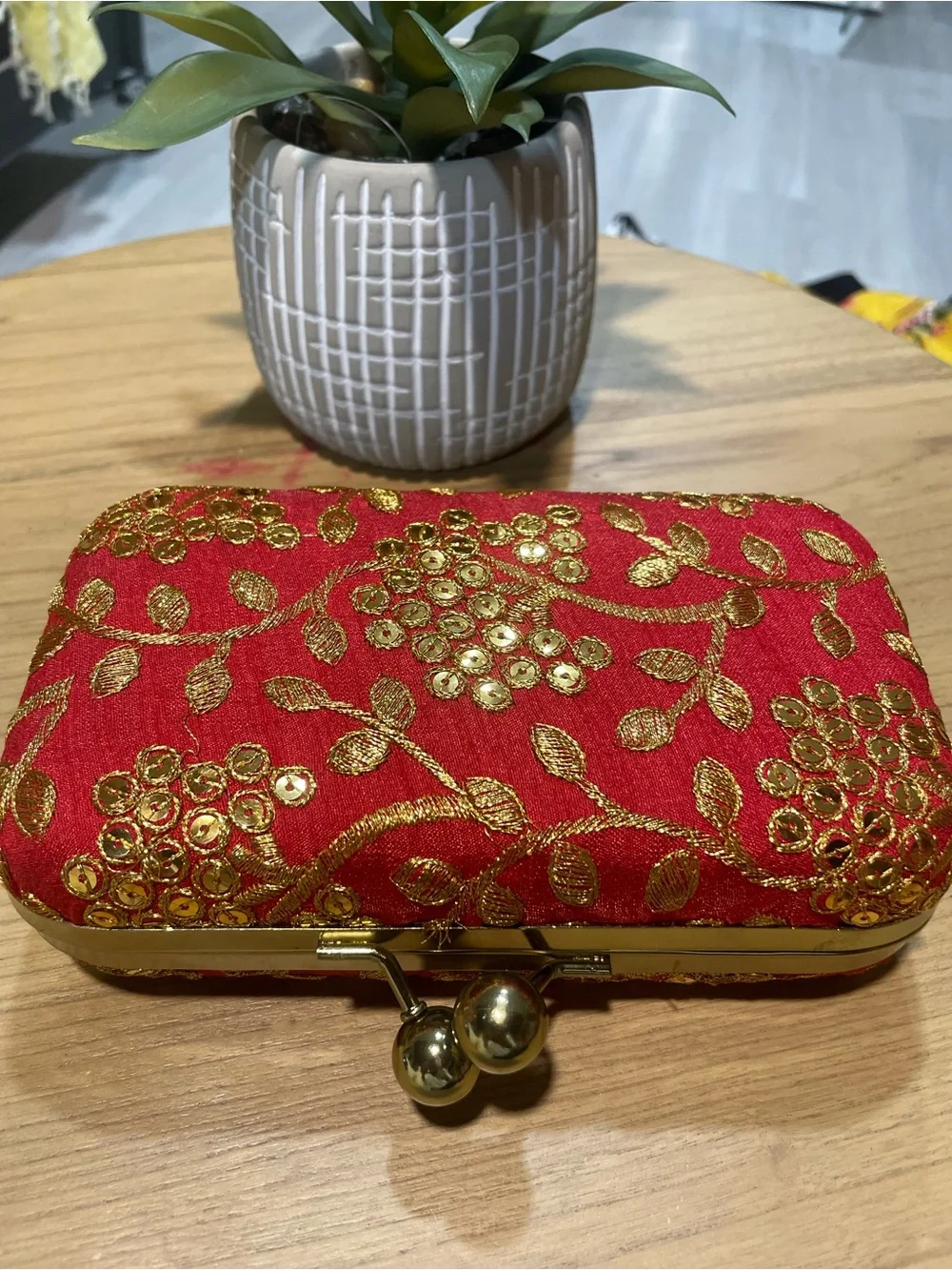 Embroidered Red Evening Clutch with Gold Detail